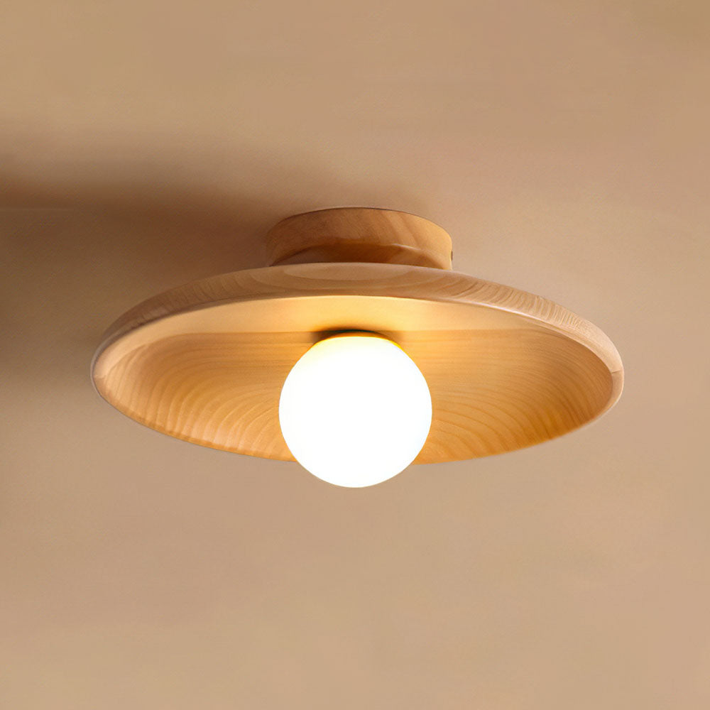 Moderne plafondlamp met metalen schotel en bolvormige kap