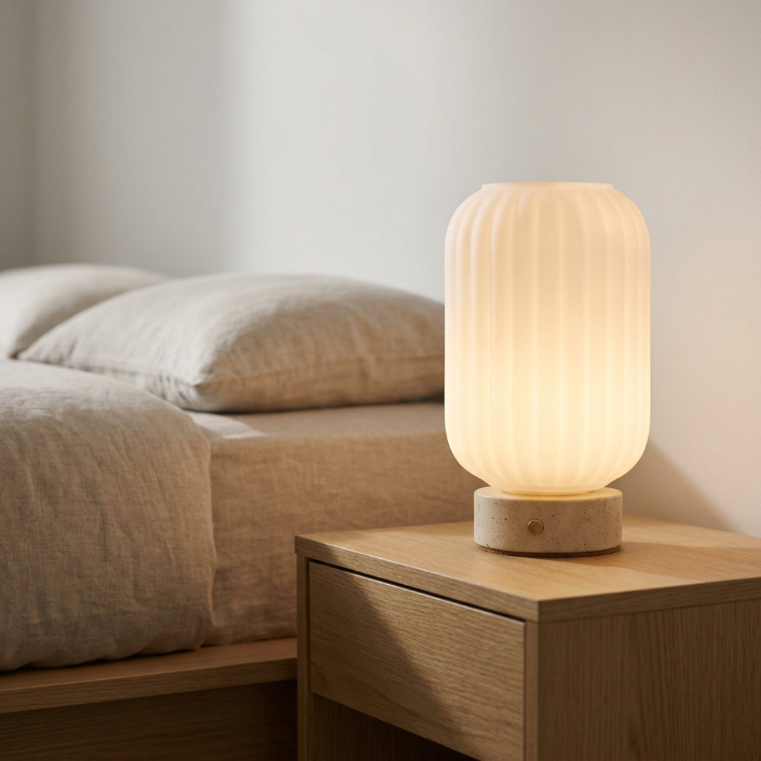 Kota – Designerska bezprzewodowa lampa stołowa z trawertynu