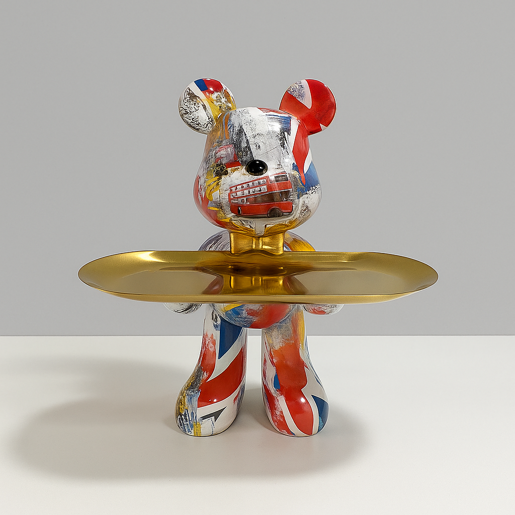 Figurine debout d'ours avec plateau d'exposition rond