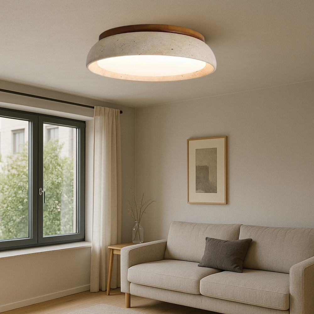 Minimalistyczna lampa sufitowa z naturalnego trawertynu