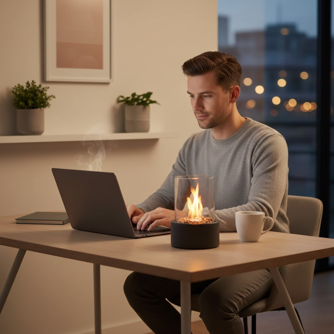 Tafelhaard met glazen cilinder en stenen vulling