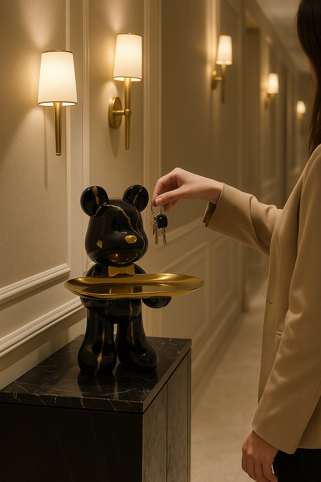 Figurine debout d'ours avec plateau d'exposition rond