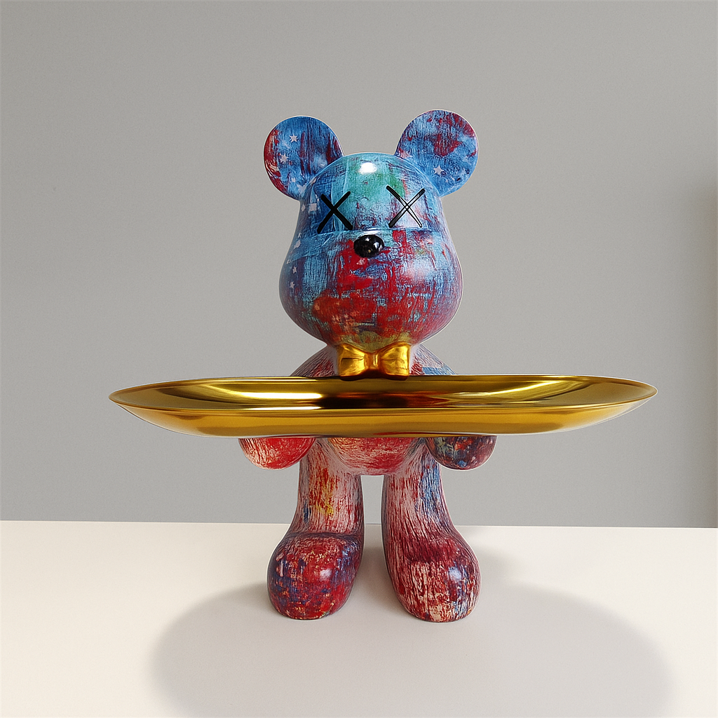 Figurine debout d'ours avec plateau d'exposition rond