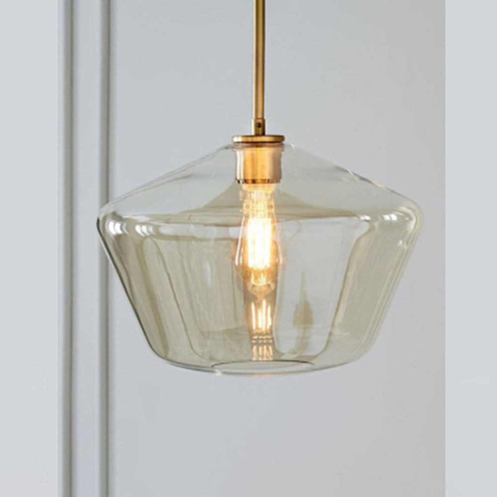 Glazen hanglamp met diamantvorm en metalen afwerking