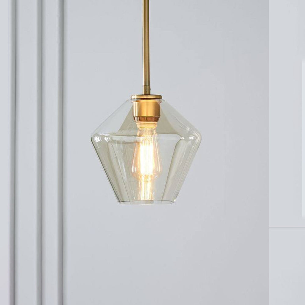Glazen hanglamp met diamantvorm en metalen afwerking