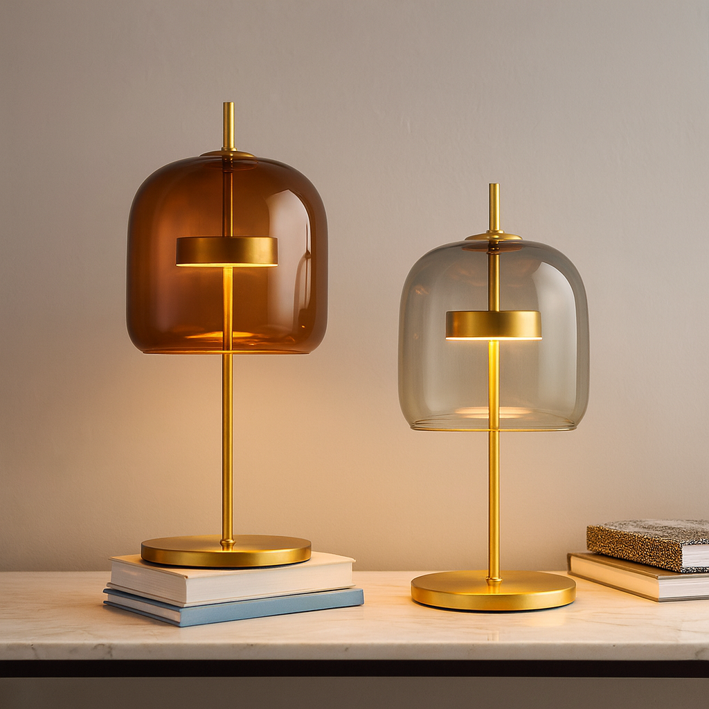 Szklana lampa stołowa z barwionym kloszem i metalową podstawą