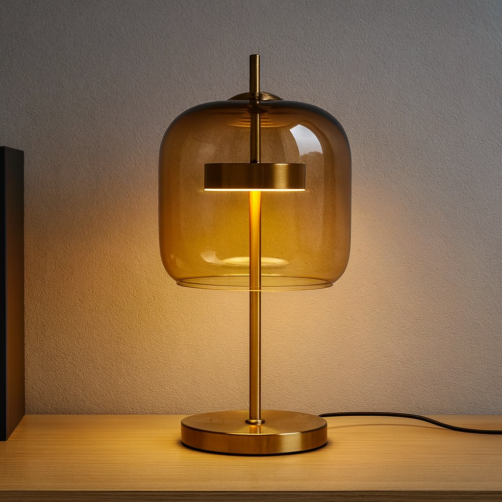 Szklana lampa stołowa z barwionym kloszem i metalową podstawą