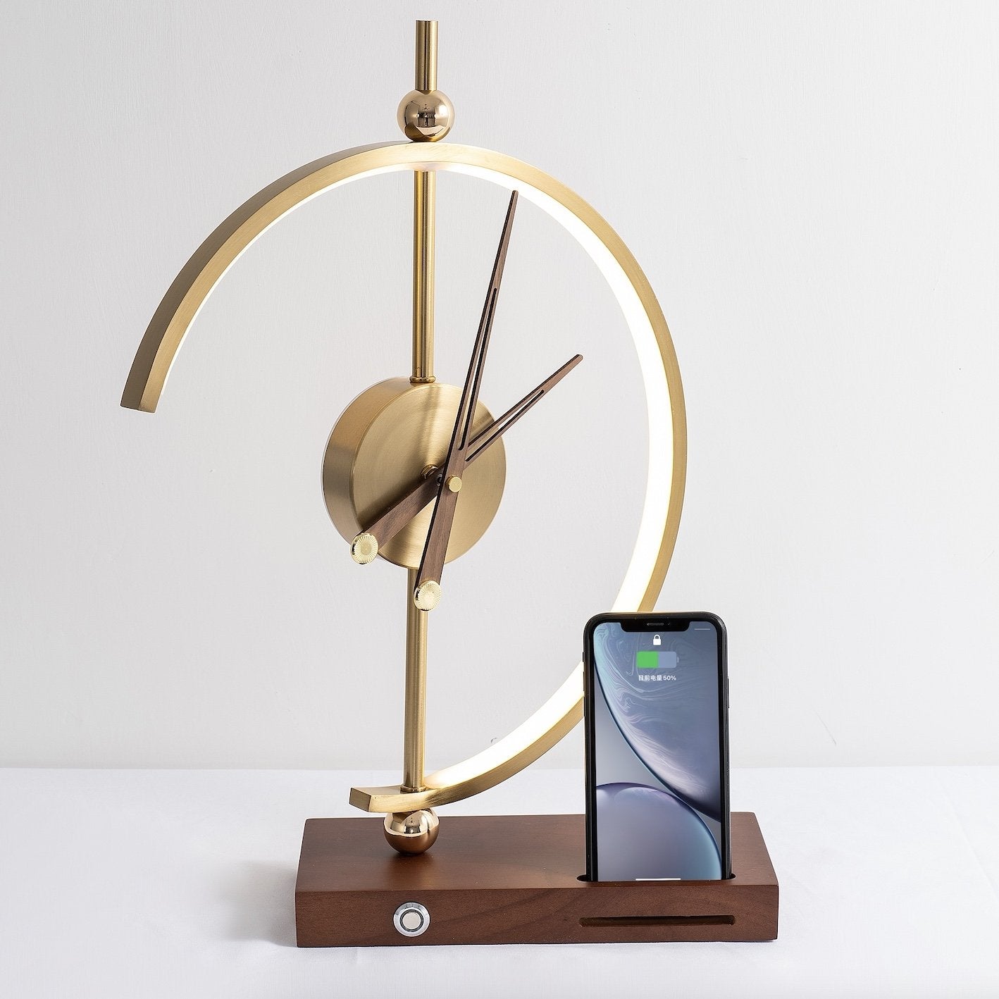 Lampe de table avec cadre lumineux rond et cadran d'horloge