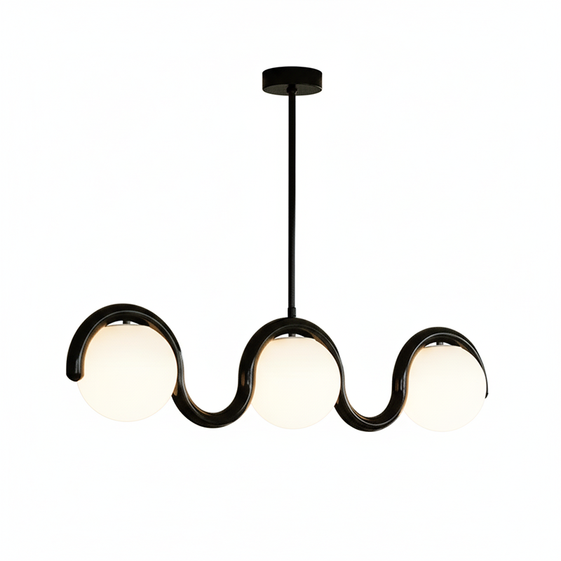 Liniowy żyrandol z falistą belką i trzema kulistymi światłami