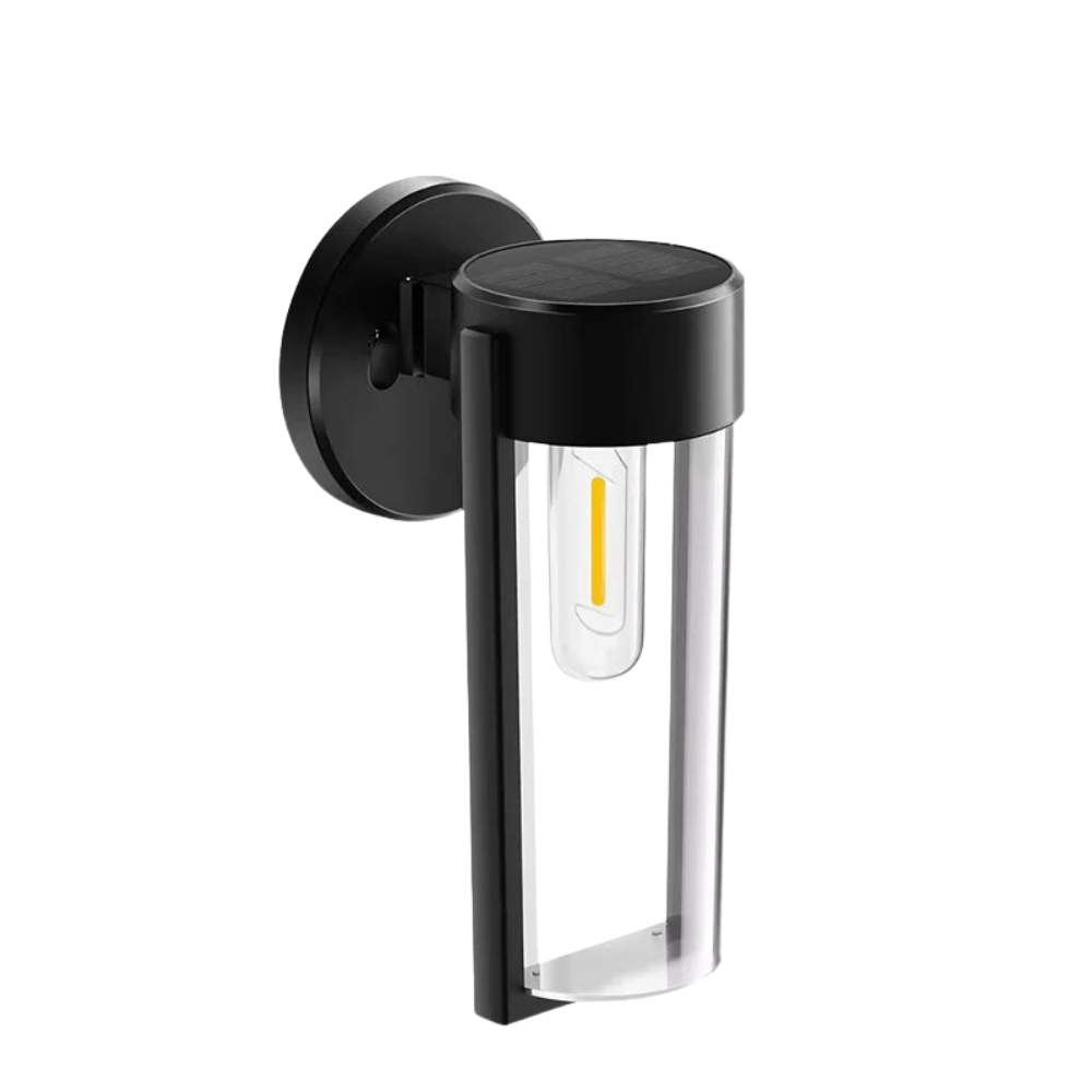 Kinkiet ścienny z cylindrycznym kloszem szklanym i metalową ramą