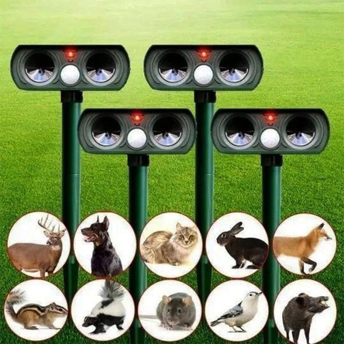 Solar animal repeller with motion sensor and ultrasonic waves