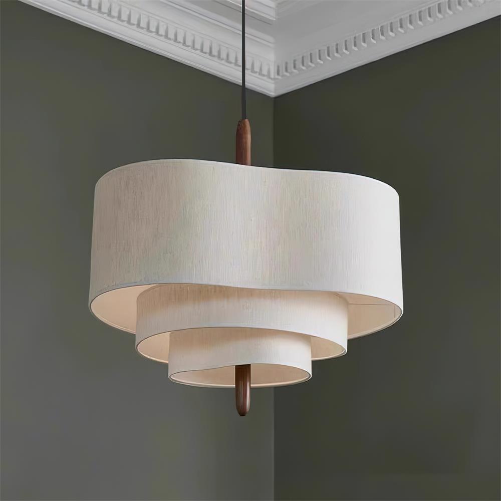 Lampe suspendue en tissu avec abat-jour superposé et détail en bois