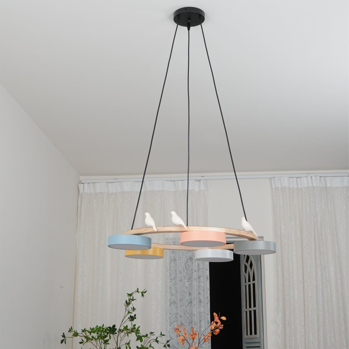 Ronde hanglamp met vogels en ronde modules