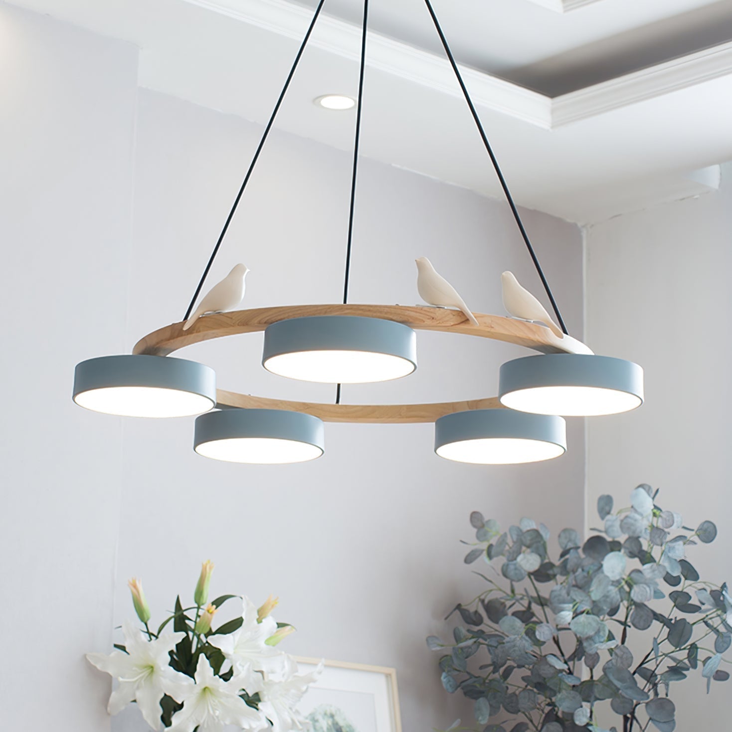 Ronde hanglamp met vogels en ronde modules