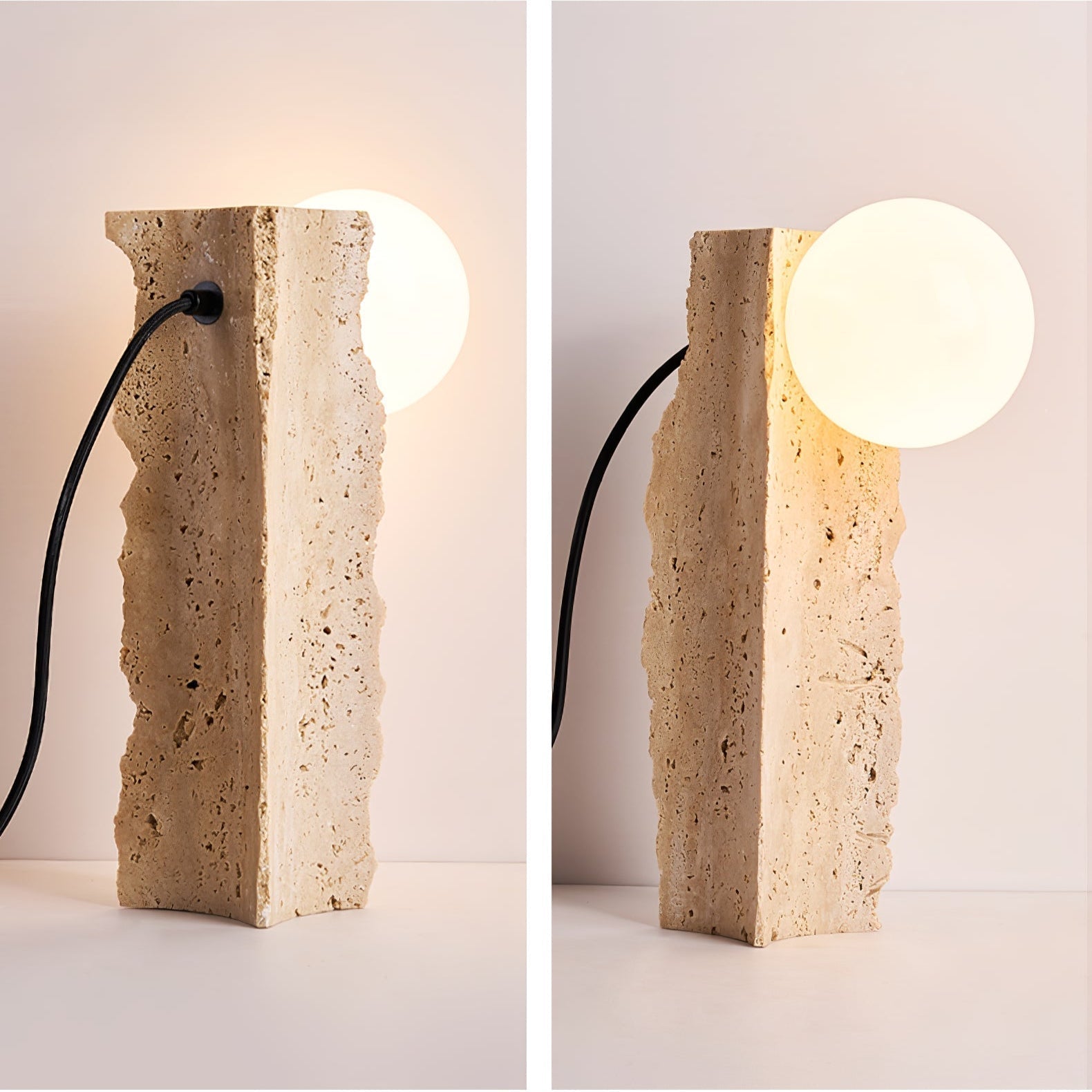 Lampe de table en travertin avec forme verticale et lumière latérale sphérique