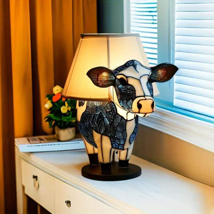 Lampe de table en forme de vache avec abat-jour en tissu