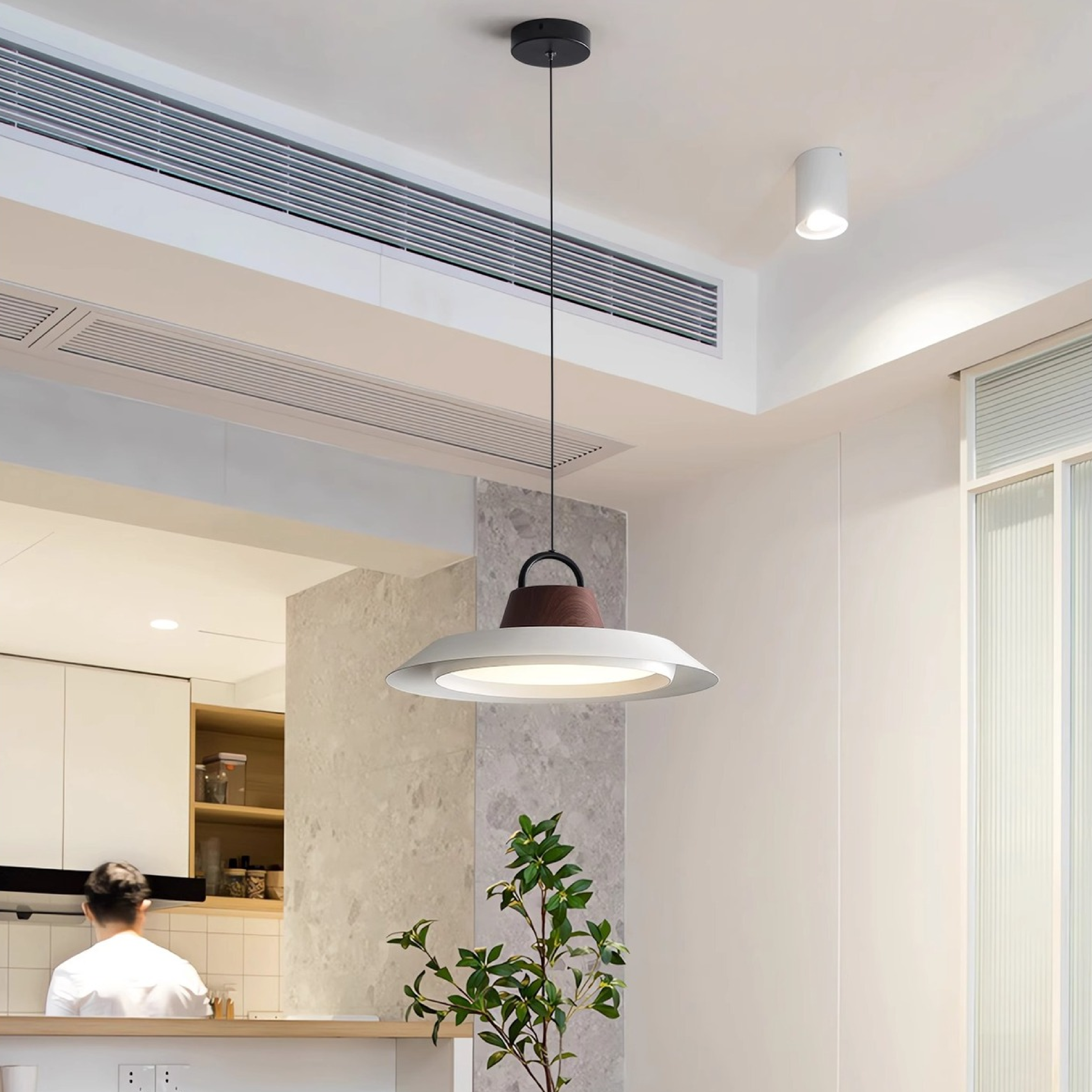 Klasyczna skandynawska lampa wisząca z drewna i metalu