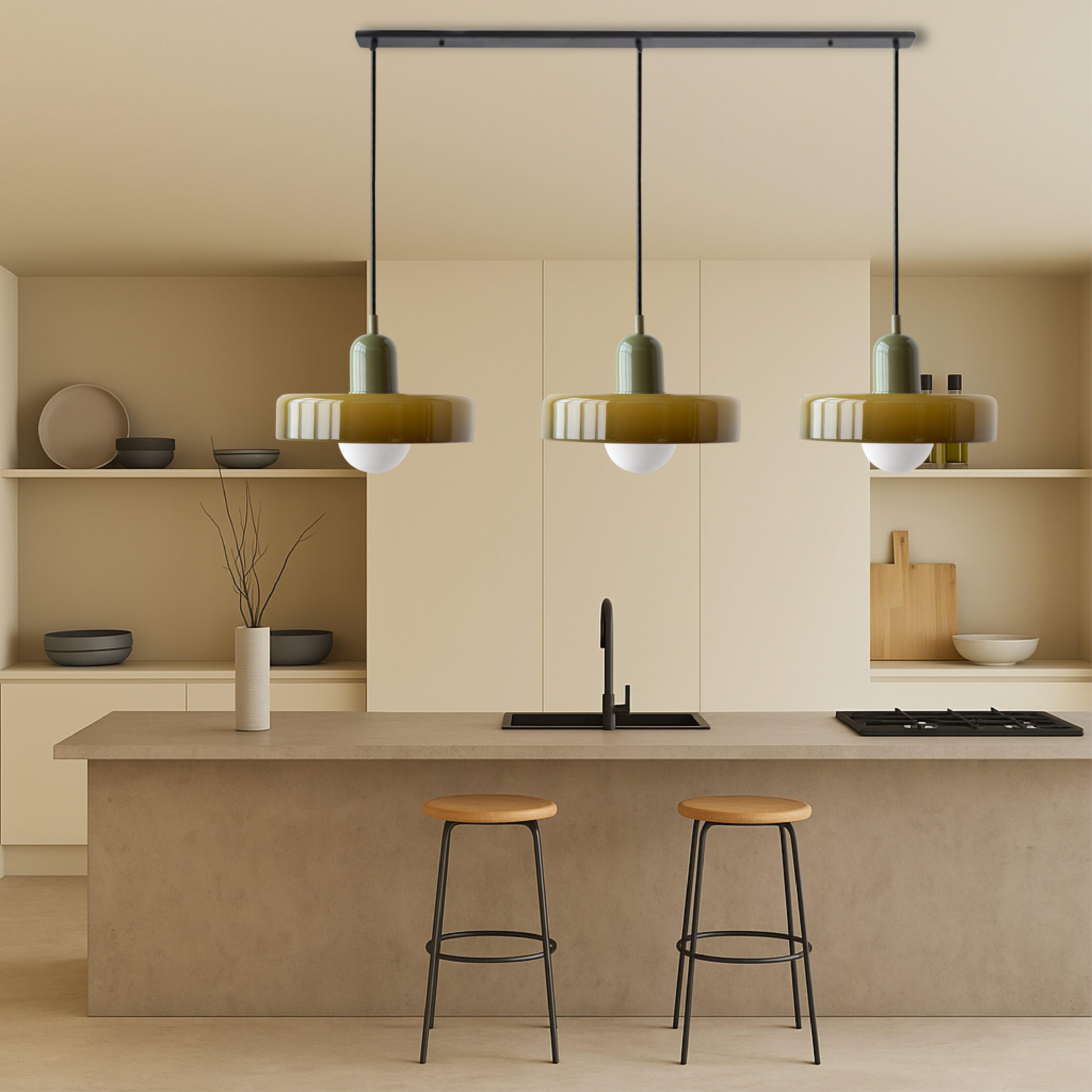 3-głowicowa lampa wisząca Bauhaus ze szkła kolorowego