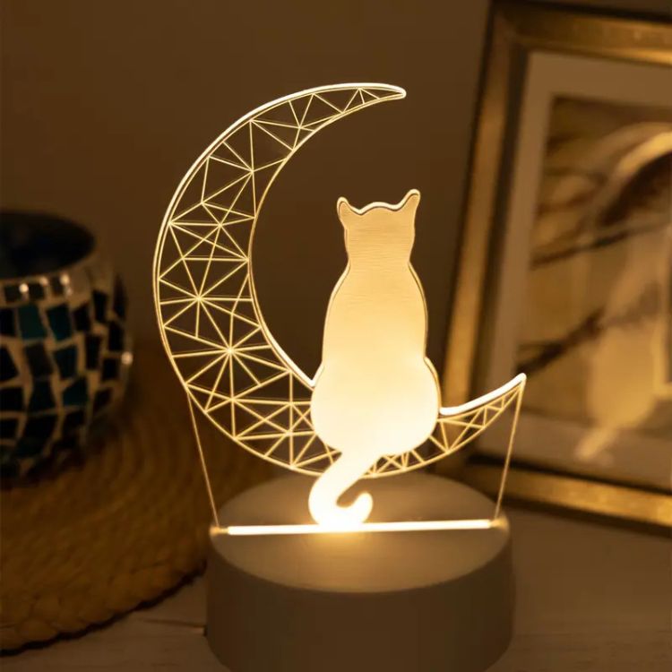 Akrylowa lampa z sylwetką kota i półksiężycem