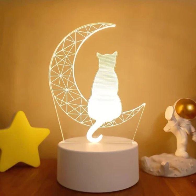 Akrylowa lampa z sylwetką kota i półksiężycem