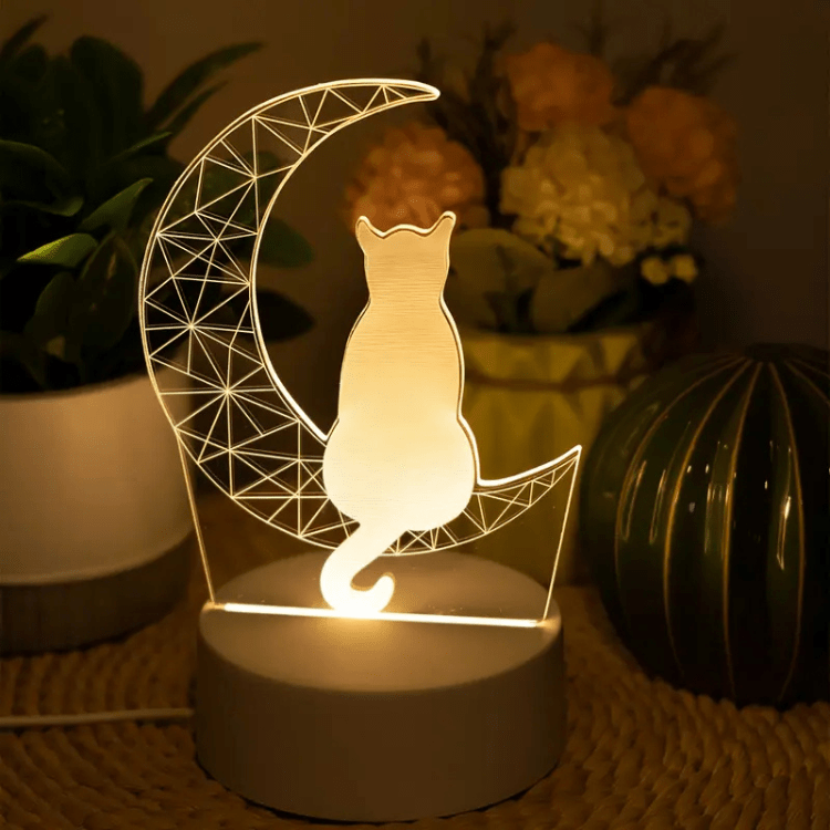 Akrylowa lampa z sylwetką kota i półksiężycem