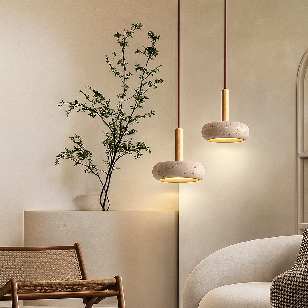 Minimalistyczna lampa wisząca z trawertynu