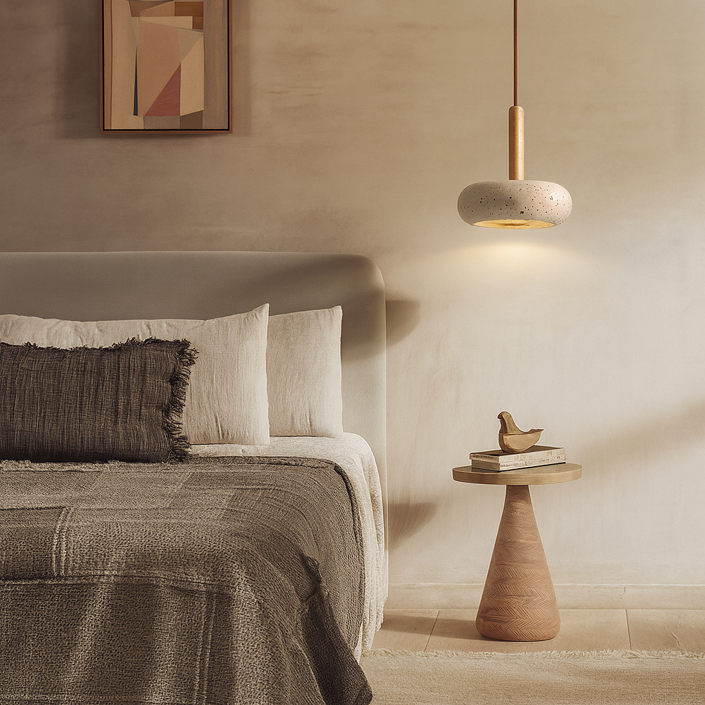 Minimalistyczna lampa wisząca z trawertynu