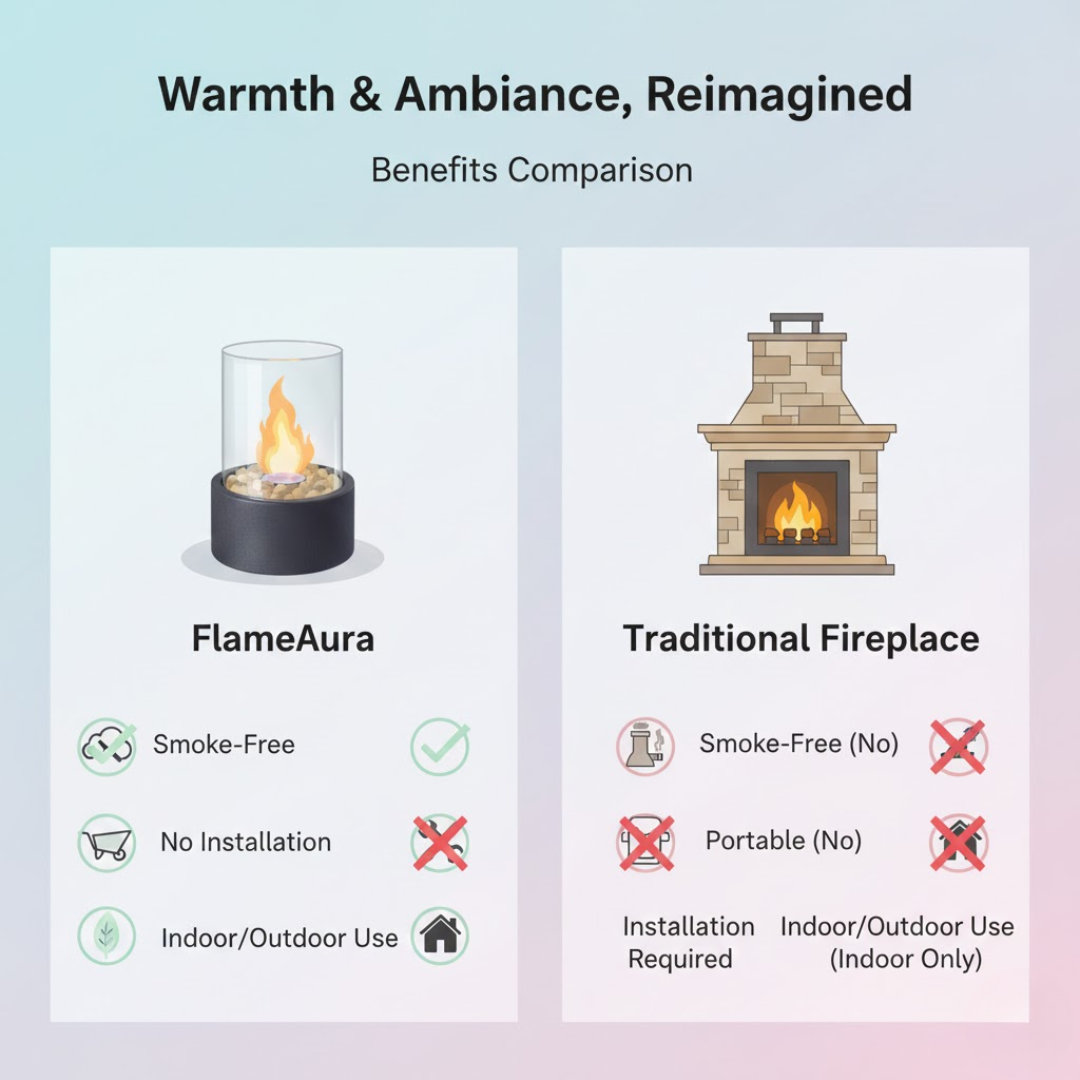 Cheminée de table avec cylindre en verre et remplissage en pierre