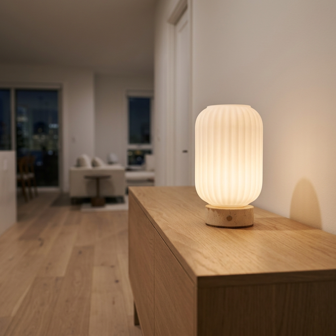 Kota – Designerska bezprzewodowa lampa stołowa z trawertynu