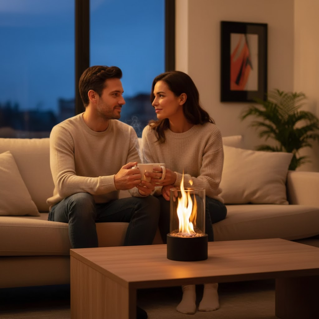 Cheminée de table avec cylindre en verre et remplissage en pierre
