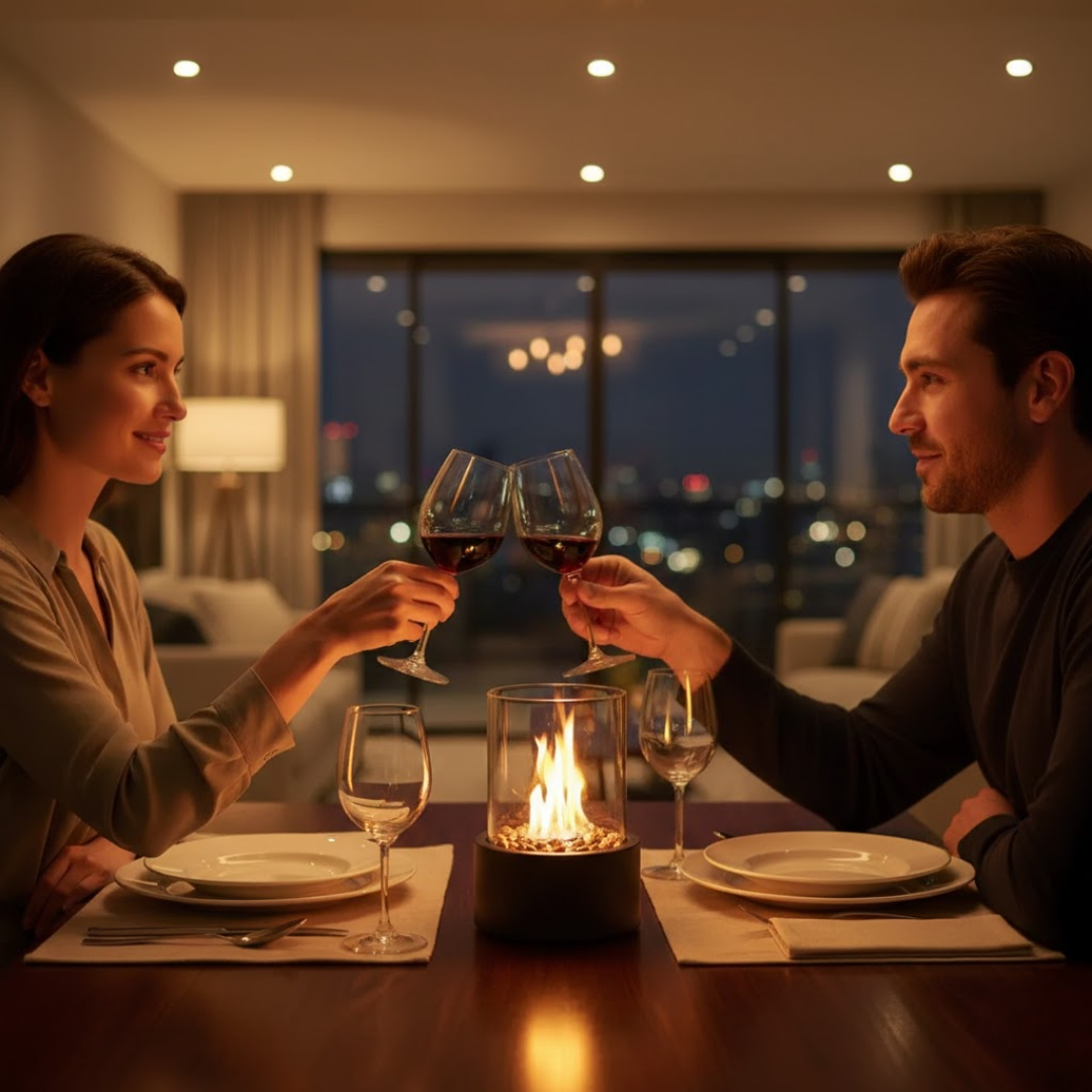 Cheminée de table avec cylindre en verre et remplissage en pierre
