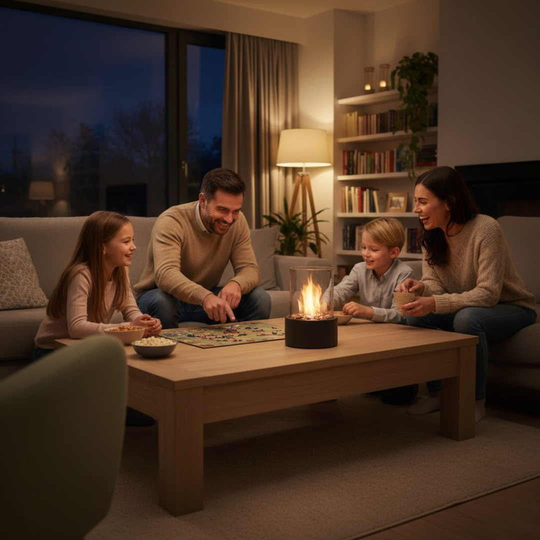 Cheminée de table avec cylindre en verre et remplissage en pierre