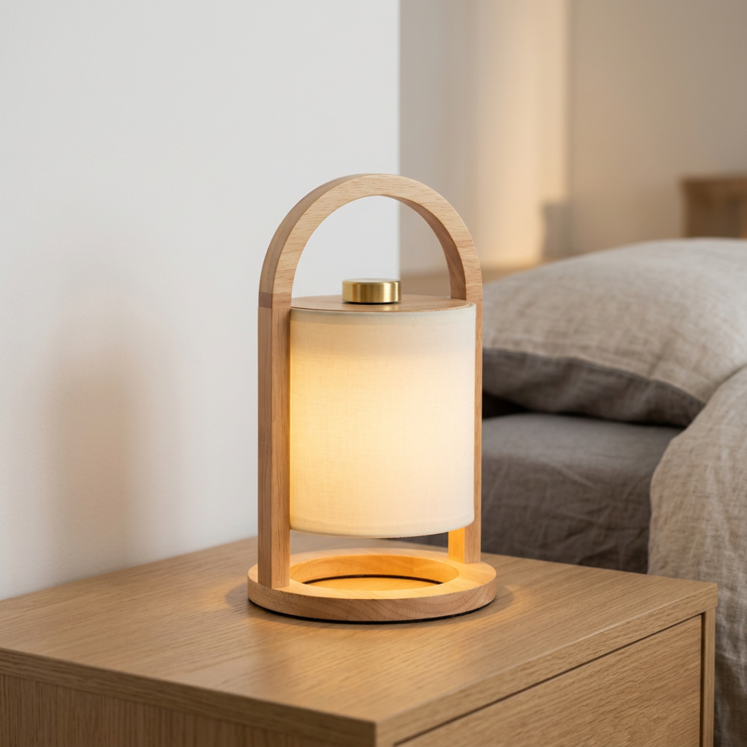 River – Przenośna lampa stołowa LED z drewnianym uchwytem