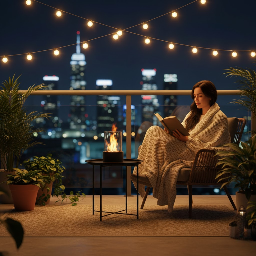 Cheminée de table avec cylindre en verre et remplissage en pierre