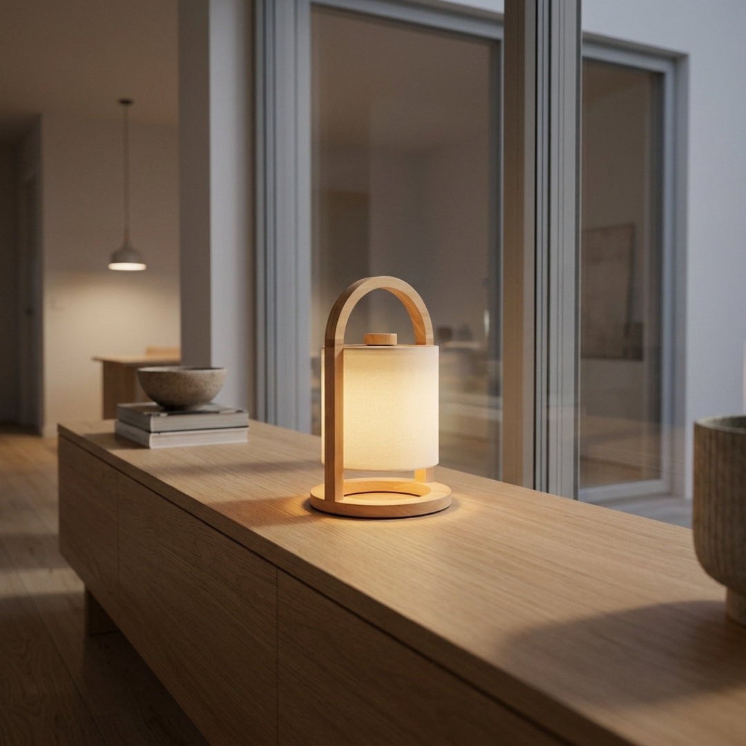 River – Przenośna lampa stołowa LED z drewnianym uchwytem