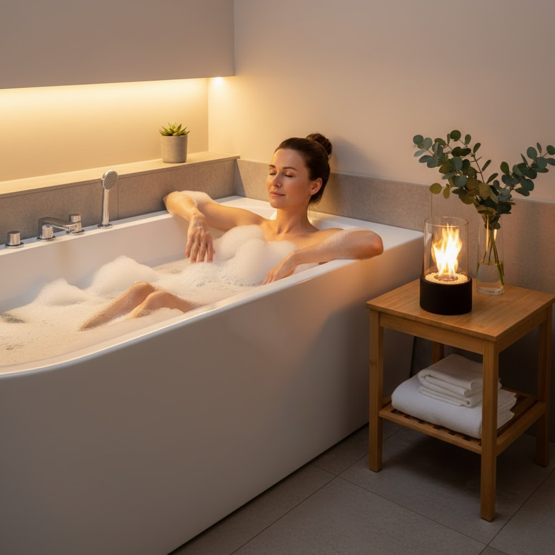 Cheminée de table avec cylindre en verre et remplissage en pierre