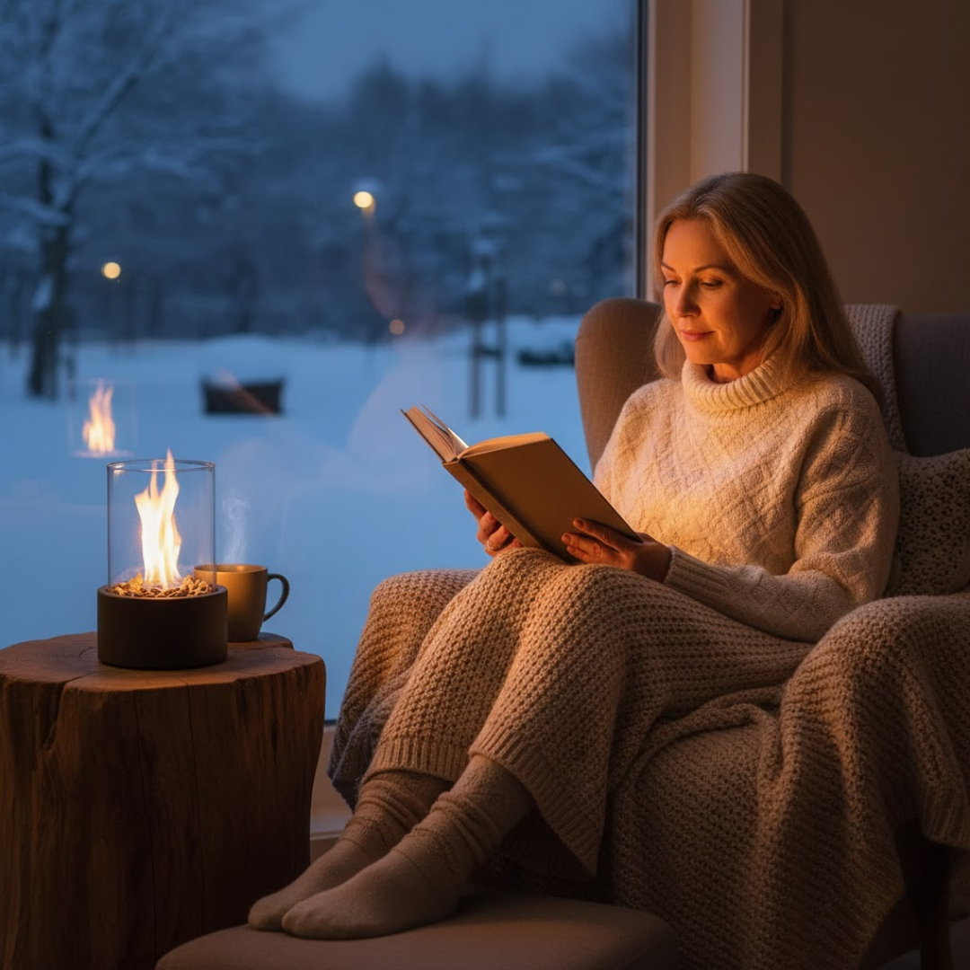 Cheminée de table avec cylindre en verre et remplissage en pierre