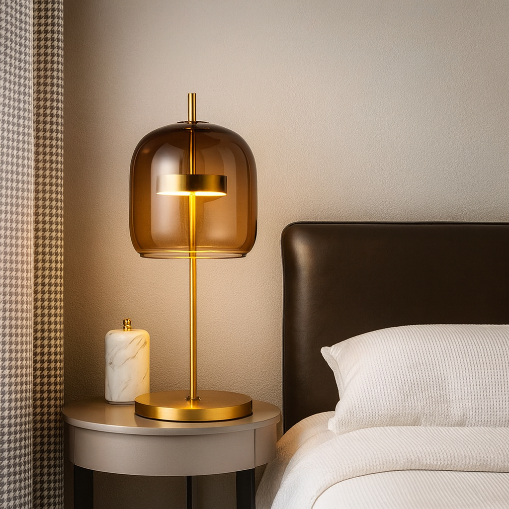 Lampe de table en verre avec abat-jour teinté et socle en métal