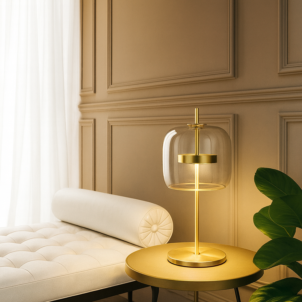 Szklana lampa stołowa z barwionym kloszem i metalową podstawą