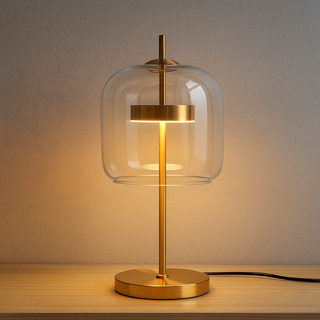 Szklana lampa stołowa z barwionym kloszem i metalową podstawą