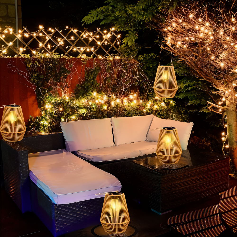 Lampe solaire de jardin avec abat-jour en osier pour terrasse et balcon