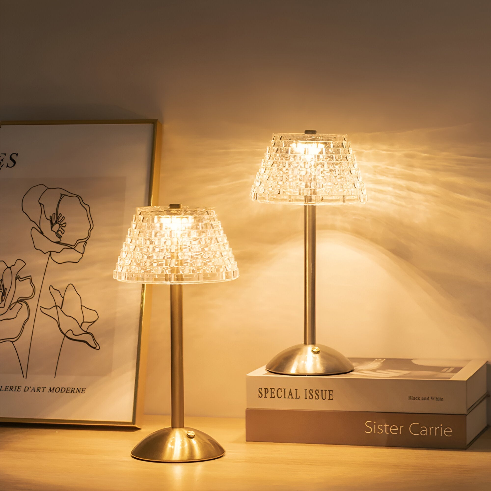 Lampe de table avec abat-jour en verre texturé et pied en métal