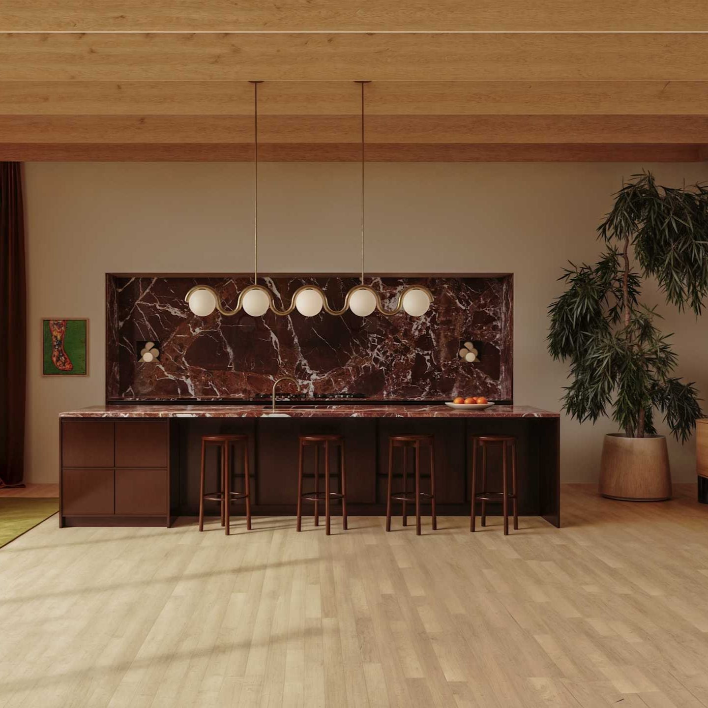 Lustre linéaire avec poutre ondulée et trois lumières sphériques