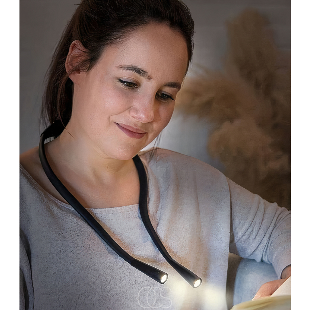 Lampa noszona na szyi z elastycznymi ramionami i dwoma punktami światła