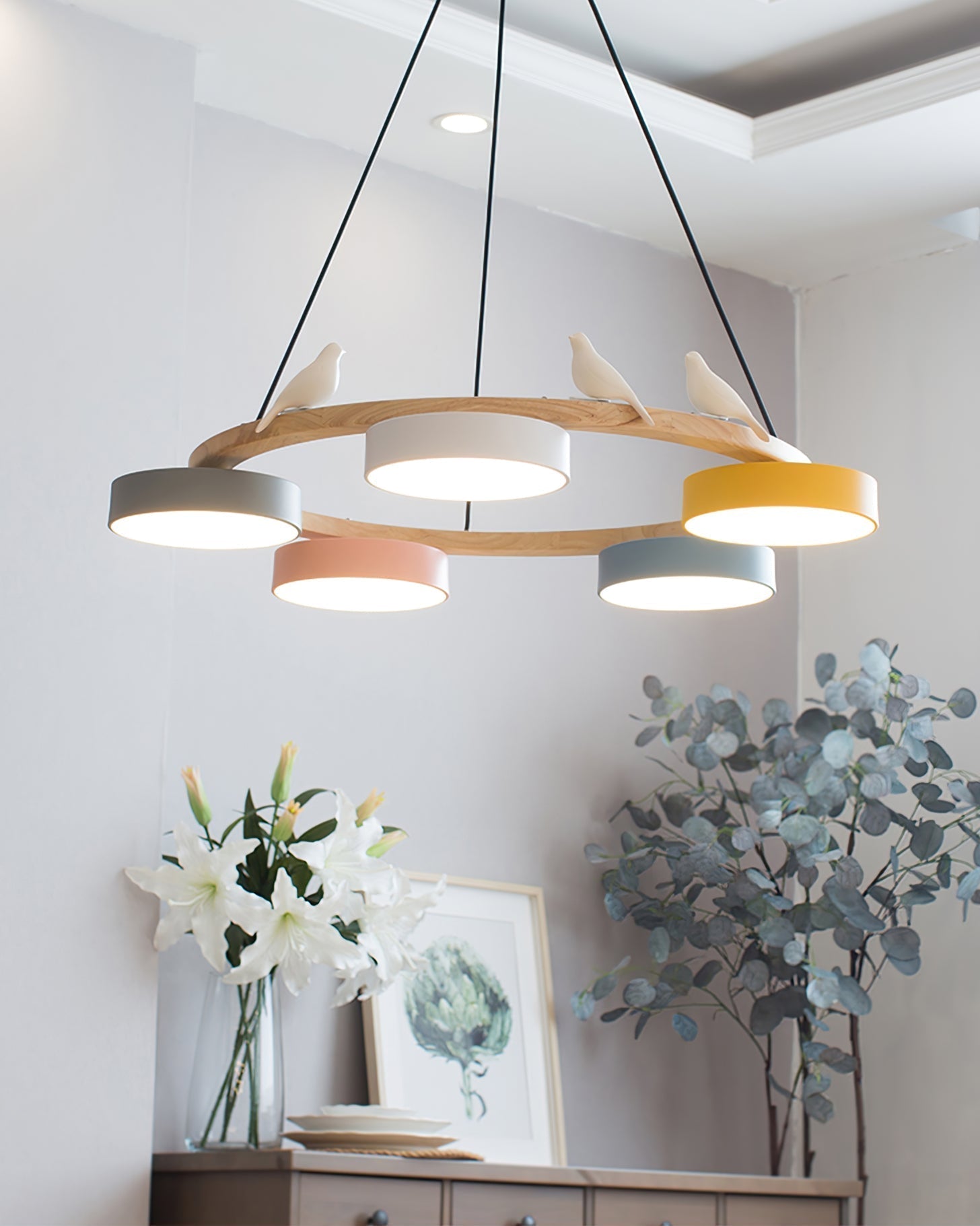 Ronde hanglamp met vogels en ronde modules