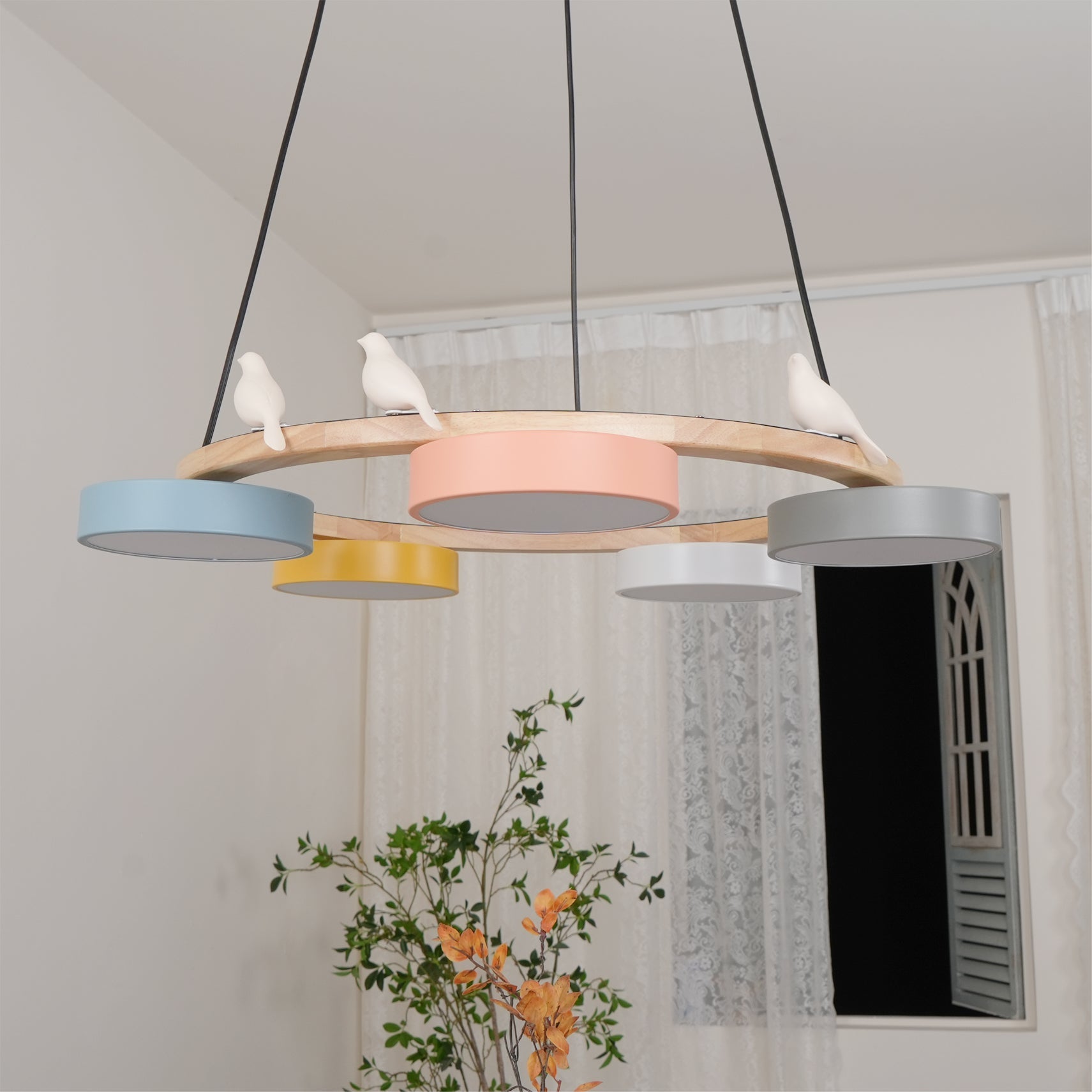 Ronde hanglamp met vogels en ronde modules