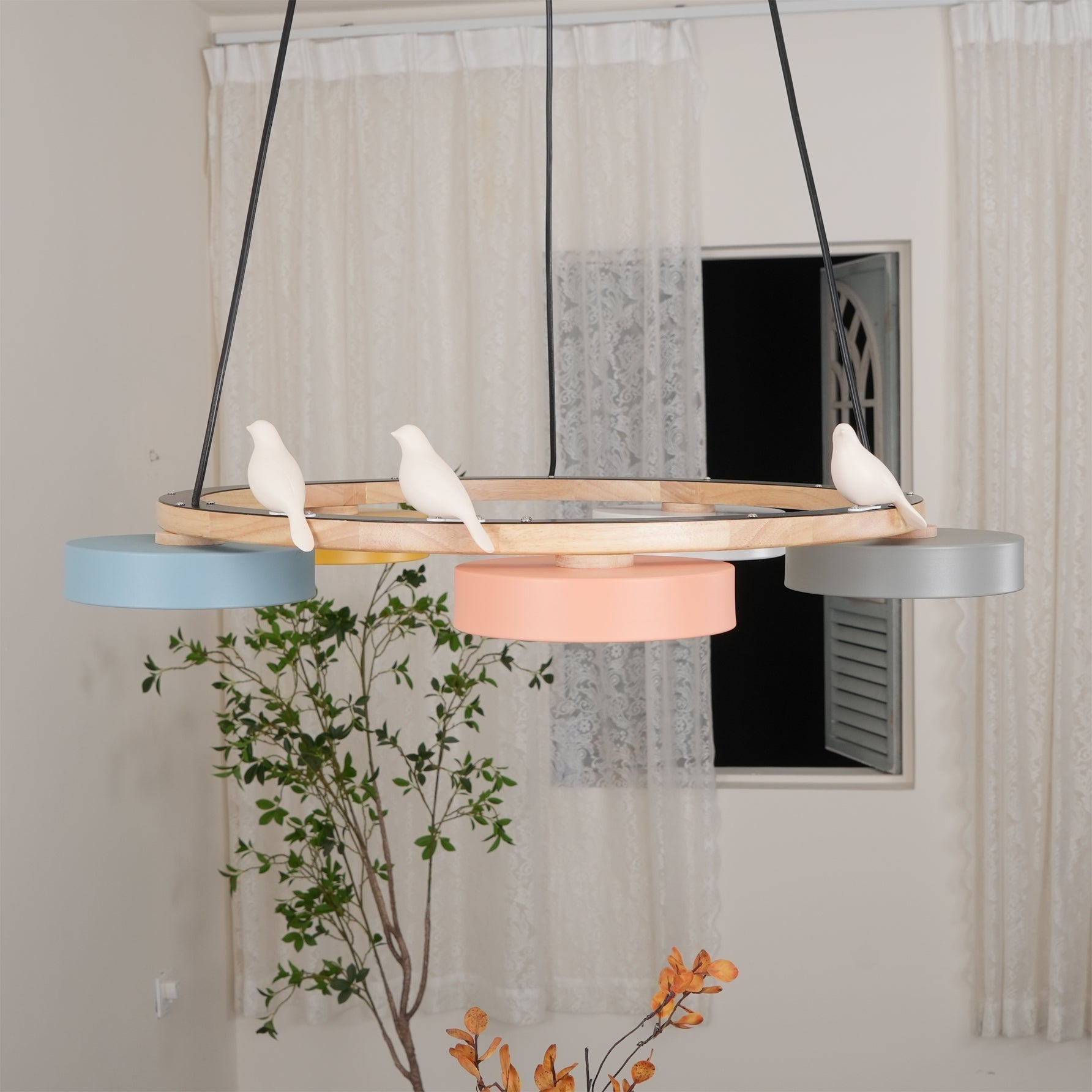 Ronde hanglamp met vogels en ronde modules