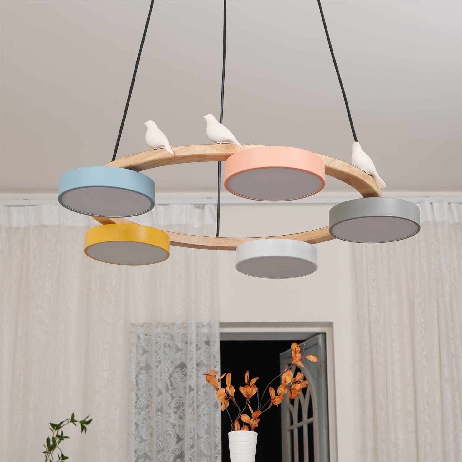 Ronde hanglamp met vogels en ronde modules