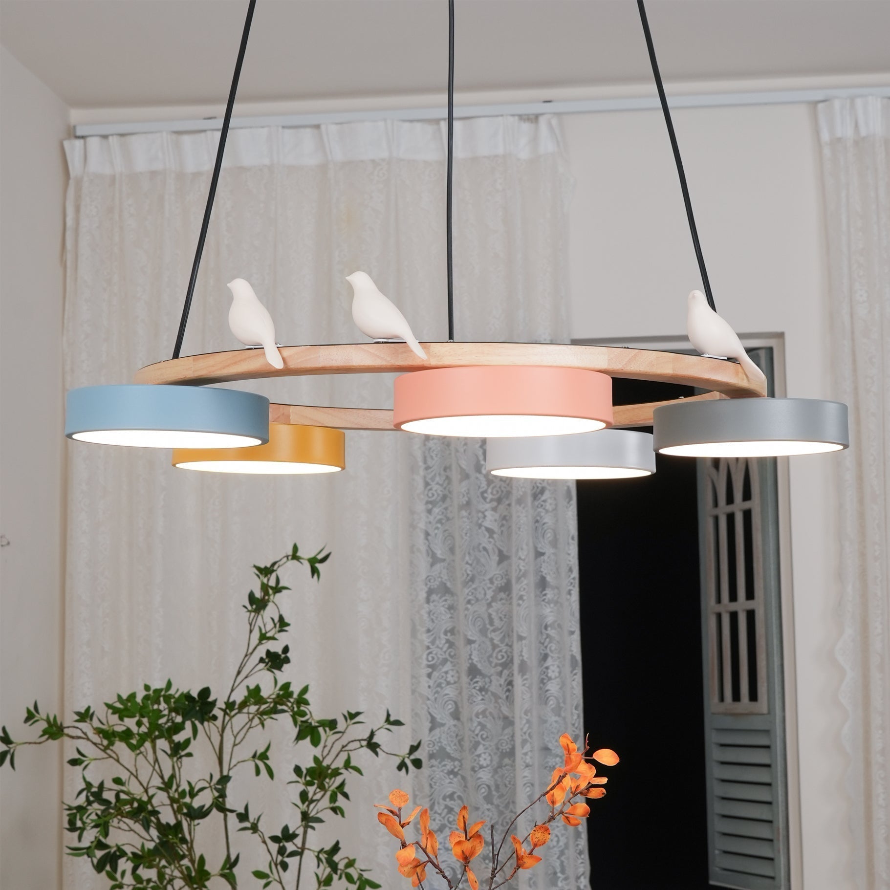 Ronde hanglamp met vogels en ronde modules