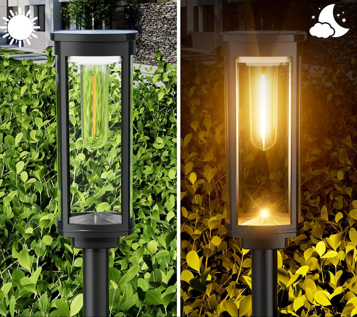 Lampes solaires extérieures sur pied avec boîtier en verre rectangulaire